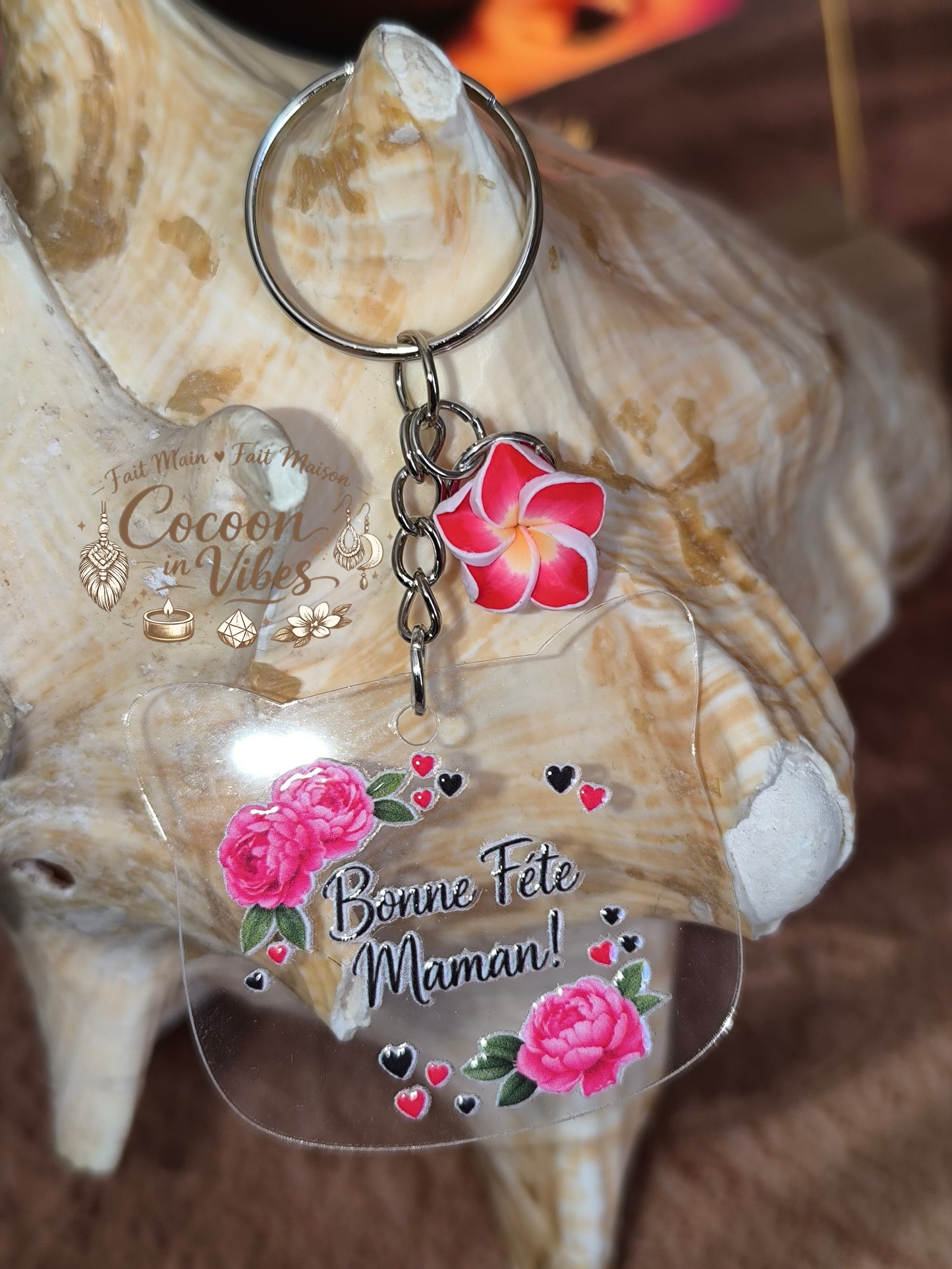 Porte-clé tête de chat transparent “Fête des Mères – Doux Messages – Bonne fête maman” – Motif floral – Fleur décorative – Modèle unique