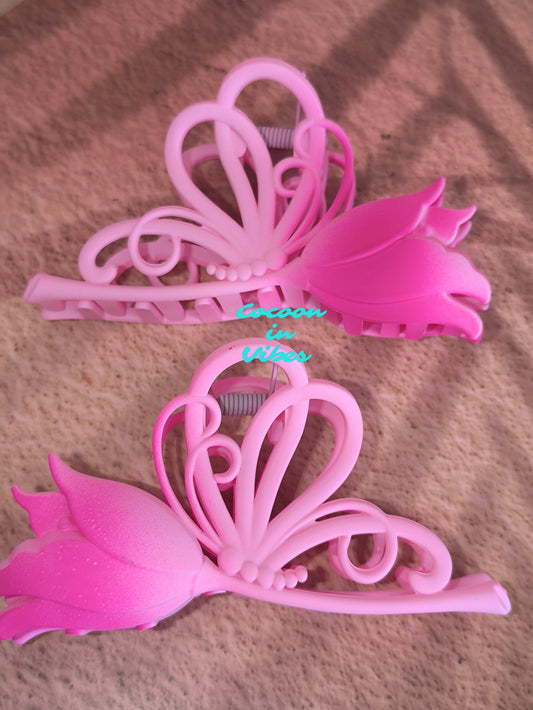 Grande pince à cheveux Papillon Tulipe – Dégradé rose fuchsia & rose pastel (11 cm x 5,5 cm)