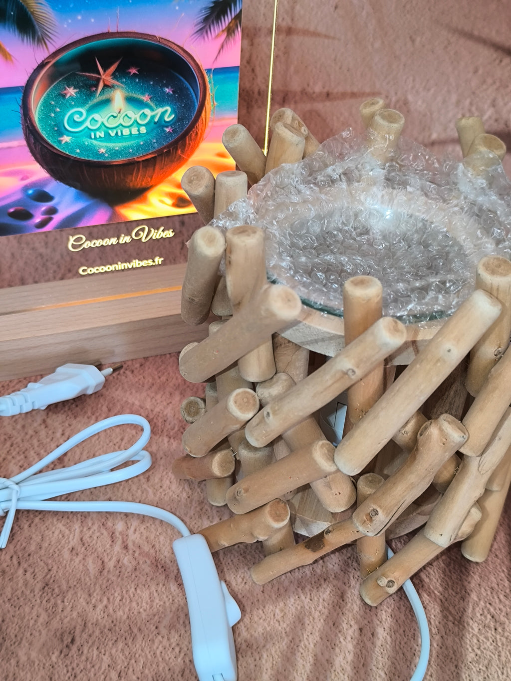 Lampe Diffuseur à Chaleur Douce – Bois Naturel & Verre + Sable Fondant 25ml Offert