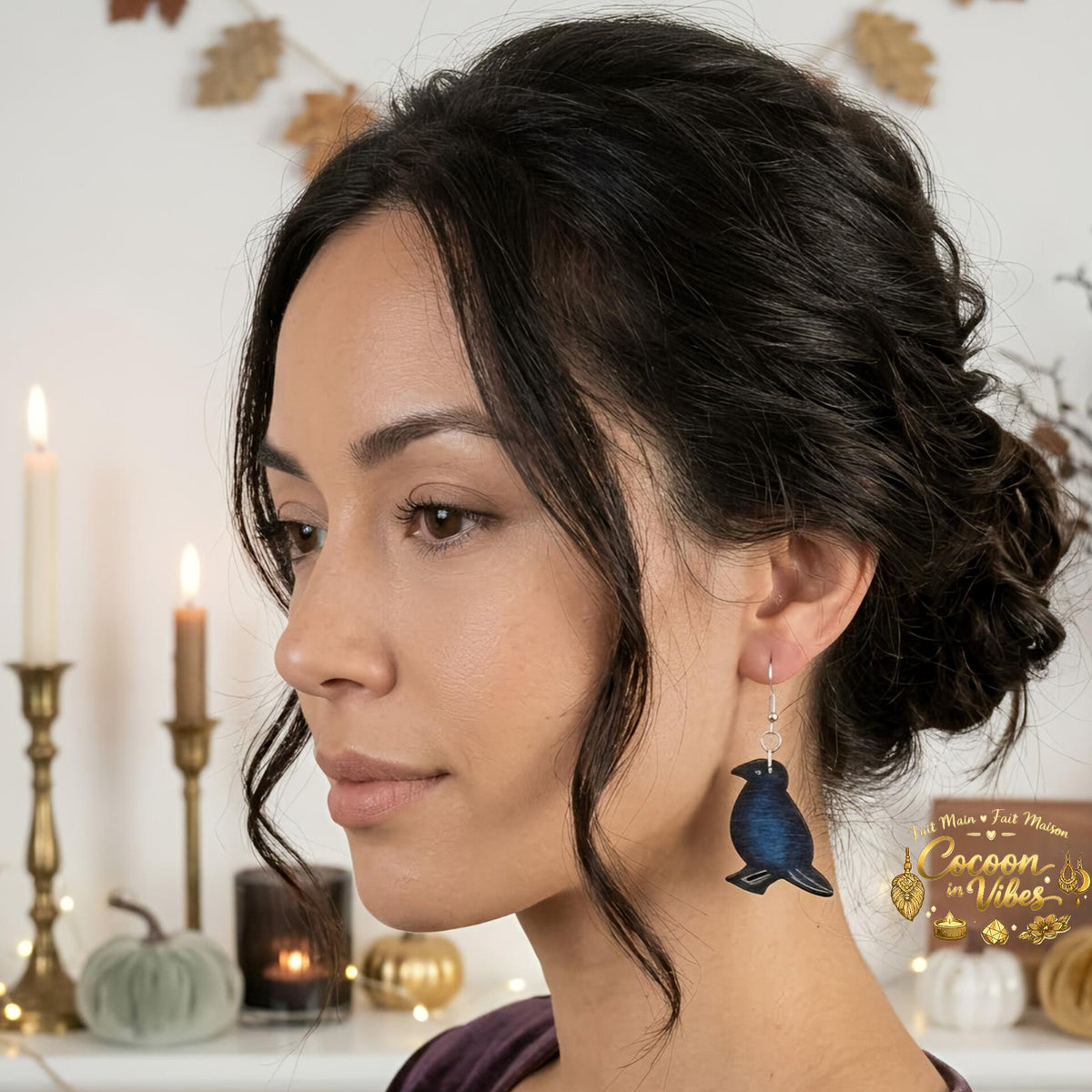 Boucles d'oreilles Artisanales en Bois « Corbeau de la Nuit » - Collection Éphémère Halloween