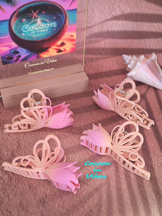 Grande pince à cheveux Papillon Tulipe – Dégradé rose saumon & jaune pâle (11cmx5cm)