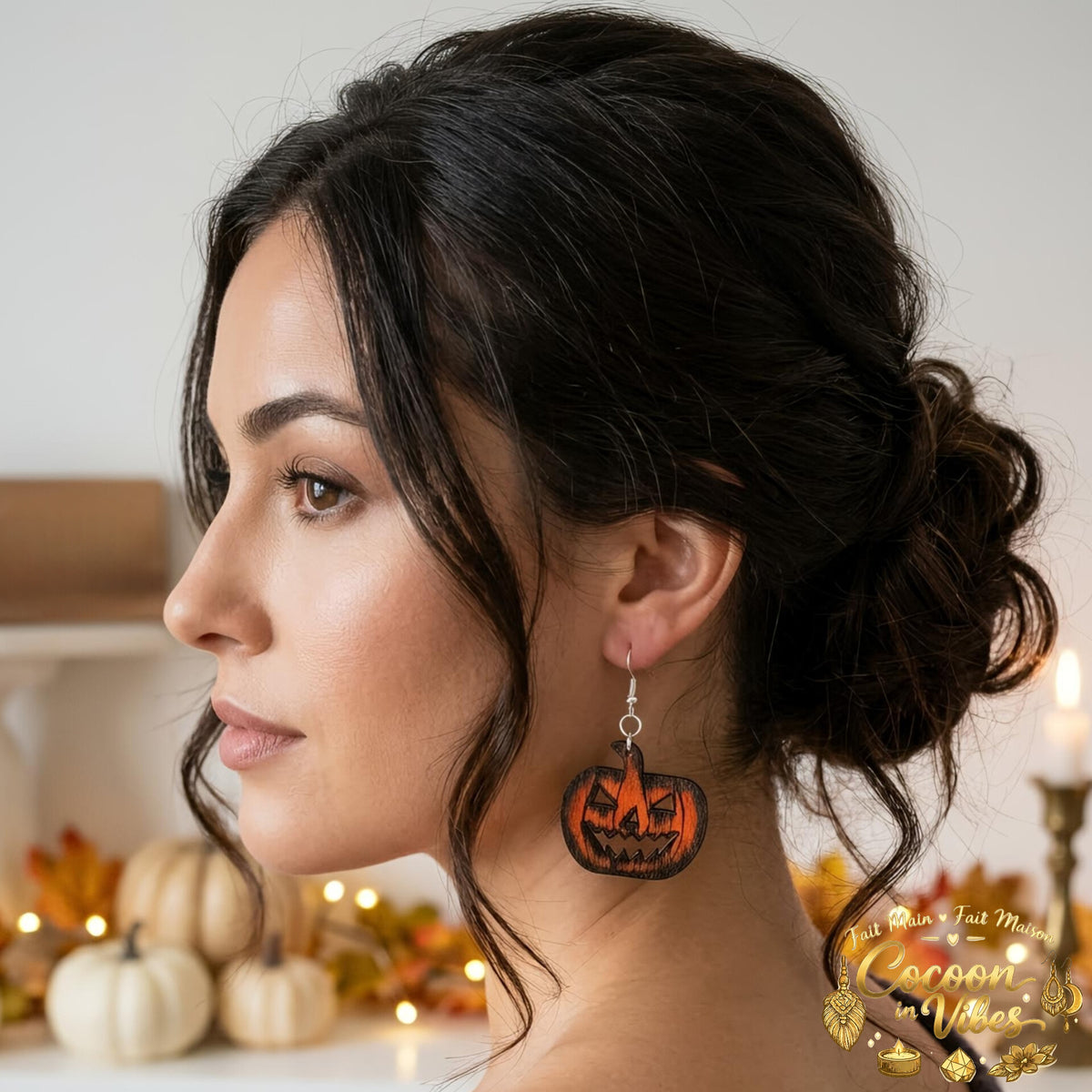 Boucles d'oreilles Artisanales en Bois « Citrouille Ténébreuse » - Collection Éphémère Halloween