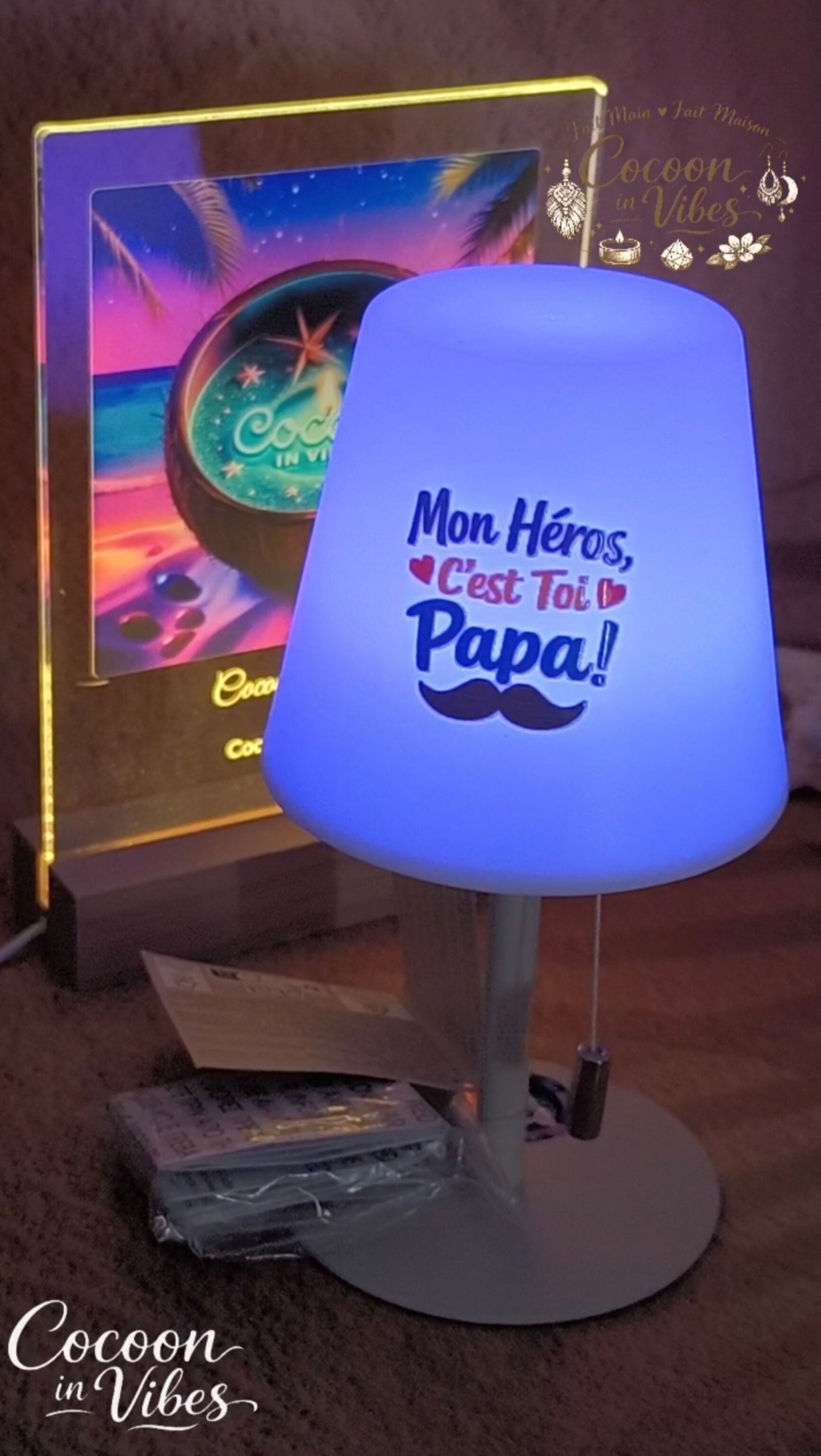 Petite Lampe LED Multicolore rechargeable Papa "Mon Héros, C'est Toi Papa !" – Création Artisanale Exemplaire Unique
