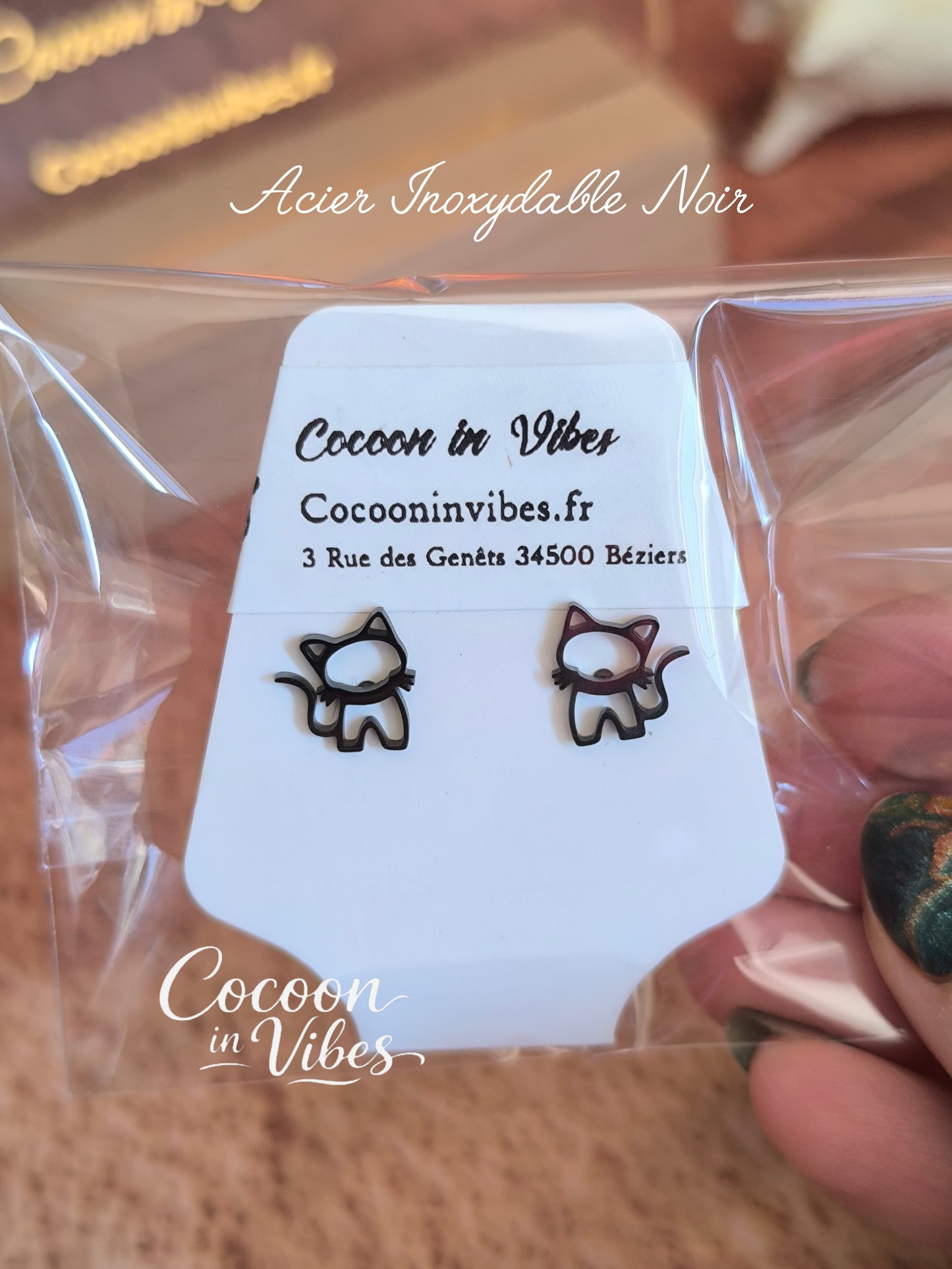 Clous d’oreilles chat Ajouré – Acier Inoxydable Noir