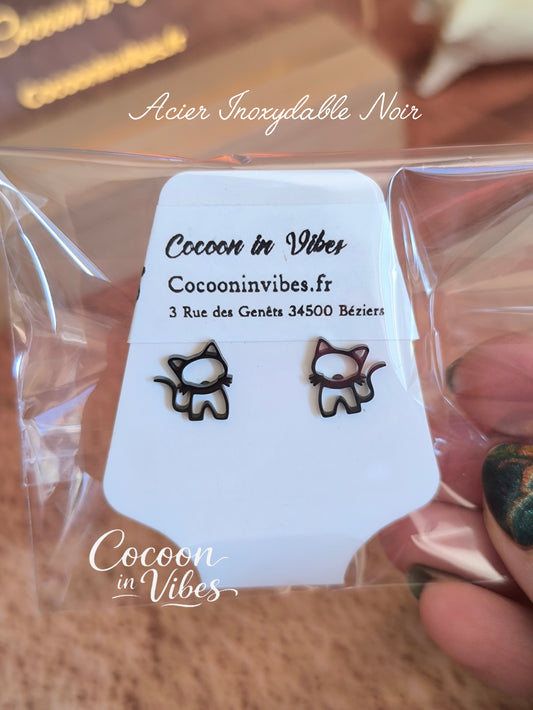 Clous d’oreilles chat Ajouré – Acier Inoxydable Noir